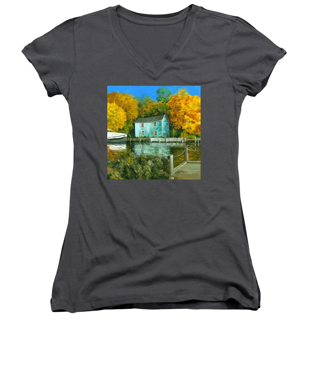 Landscape Women's V-Neck featuring the painting Fishing Shanty by Michael Swanson