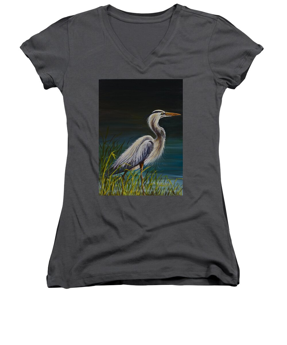 Birds Women's V-Neck featuring the painting Fishing by Theresa Cangelosi