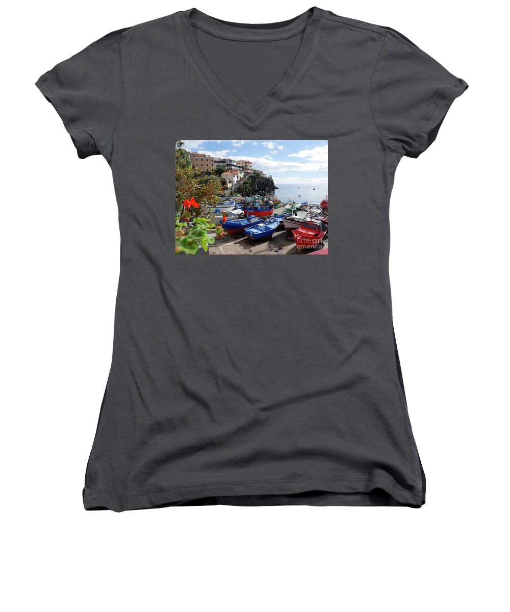 Madeira Women's V-Neck featuring the photograph Fishing village on the Island of Madeira by Brenda Kean