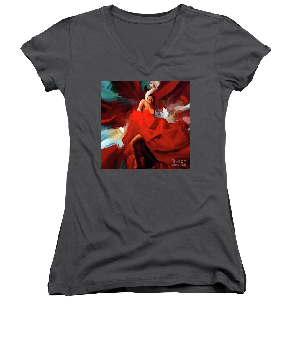 Jazz Women's V-Neck featuring the painting Flamenco Dance 7750 by Gull G