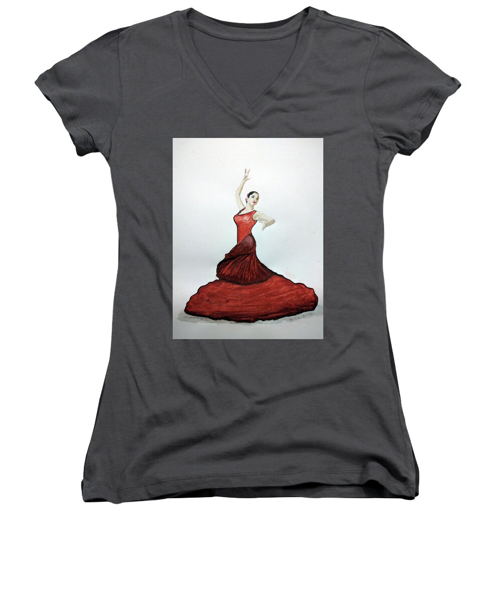 Spain Women's V-Neck featuring the painting Flamenco Dancer by Edwin Alverio