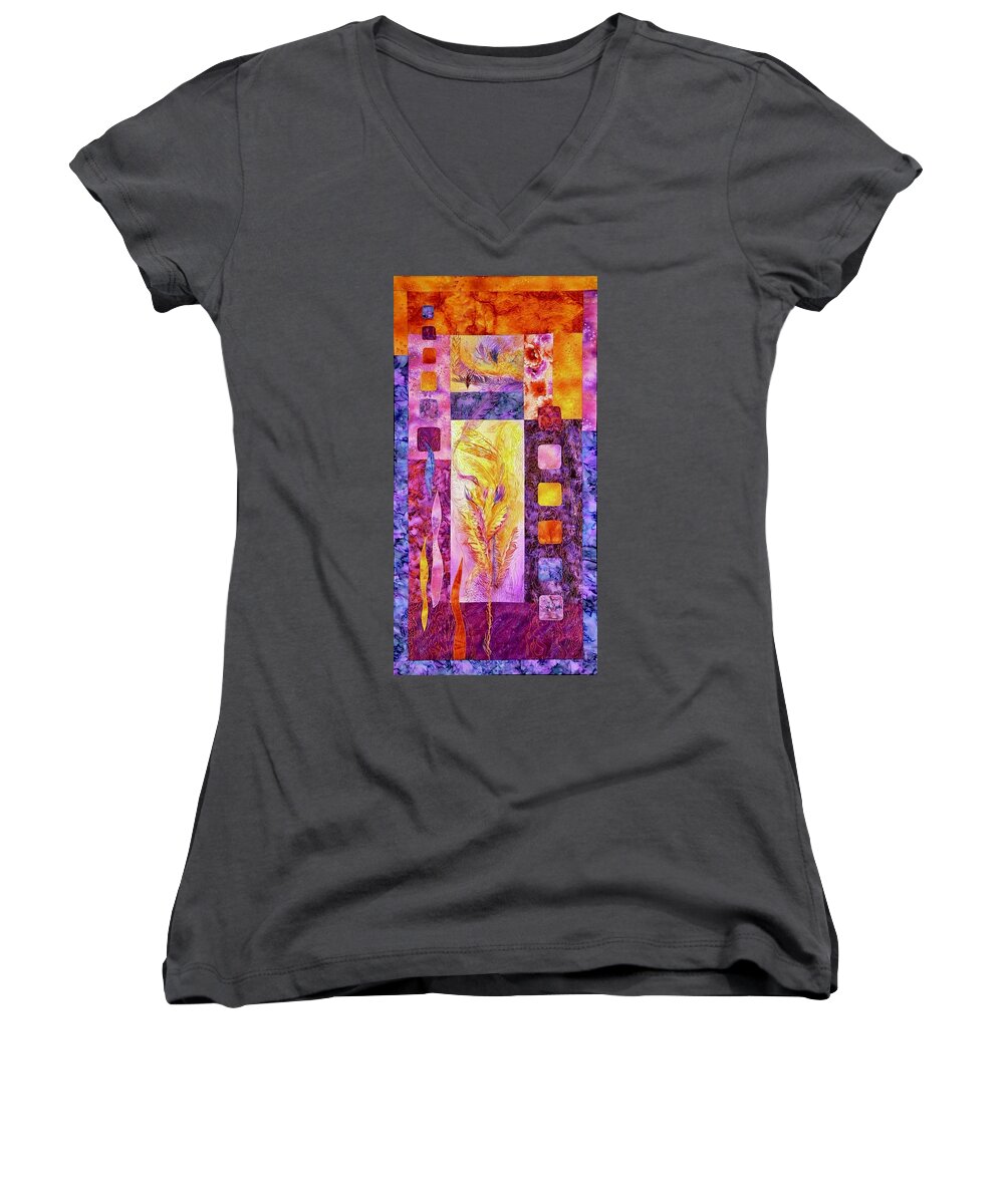 Feathers Printed On Cotton Fabrics Women's V-Neck featuring the tapestry - textile Flaming Feathers by Pat Dolan