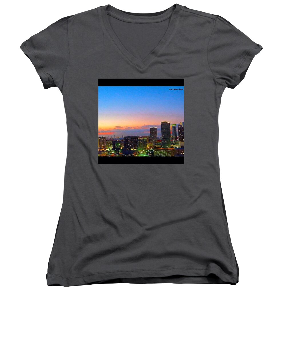 Beautiful Women's V-Neck featuring the photograph #flashbackfriday - The #sunset Over by Austin Tuxedo Cat