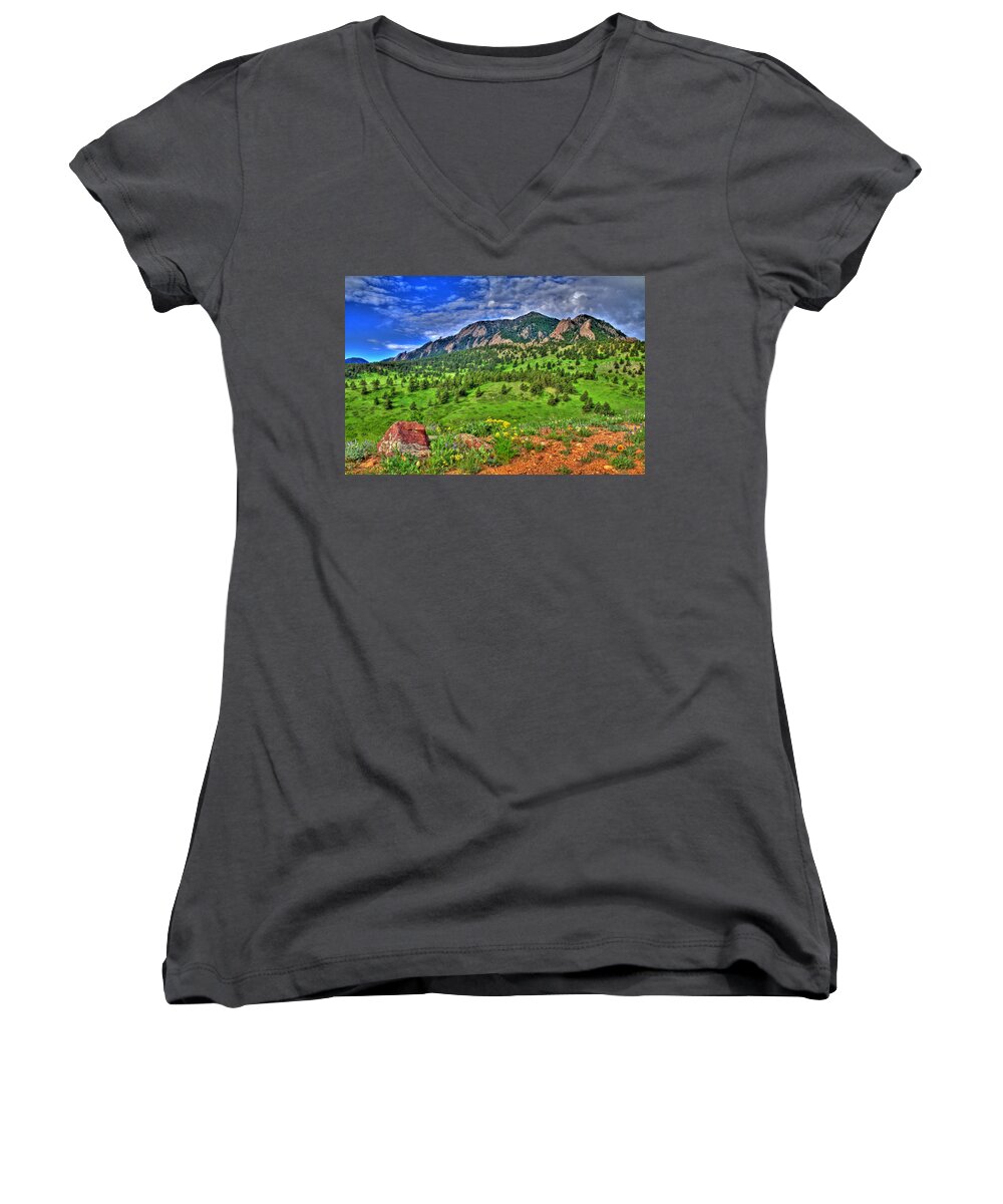 Flatirons Women's V-Neck featuring the photograph Flatirons and Clouds by Scott Mahon