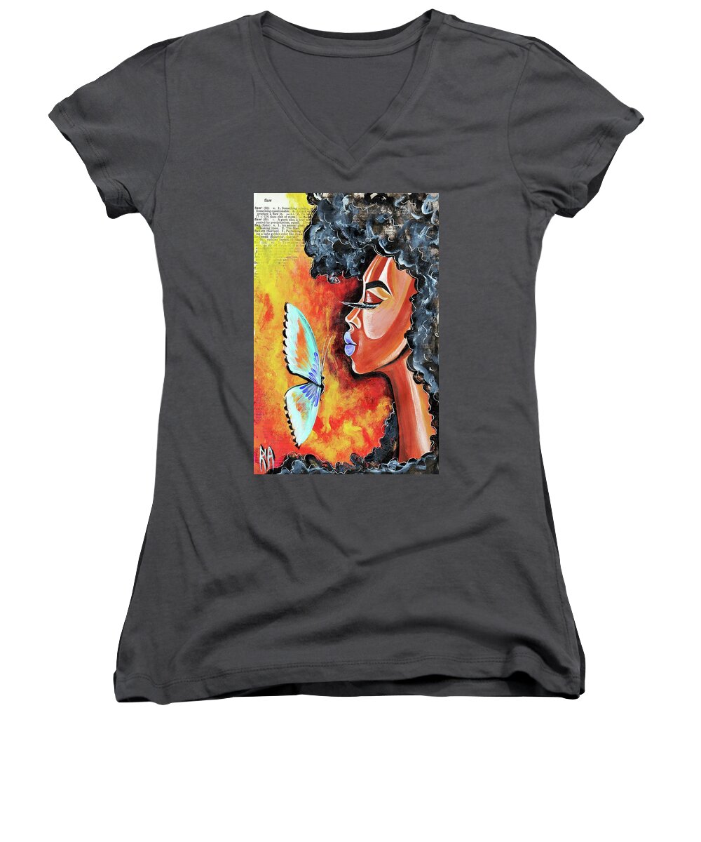 Butterfly Women's V-Neck featuring the painting Flawed by Artist RiA
