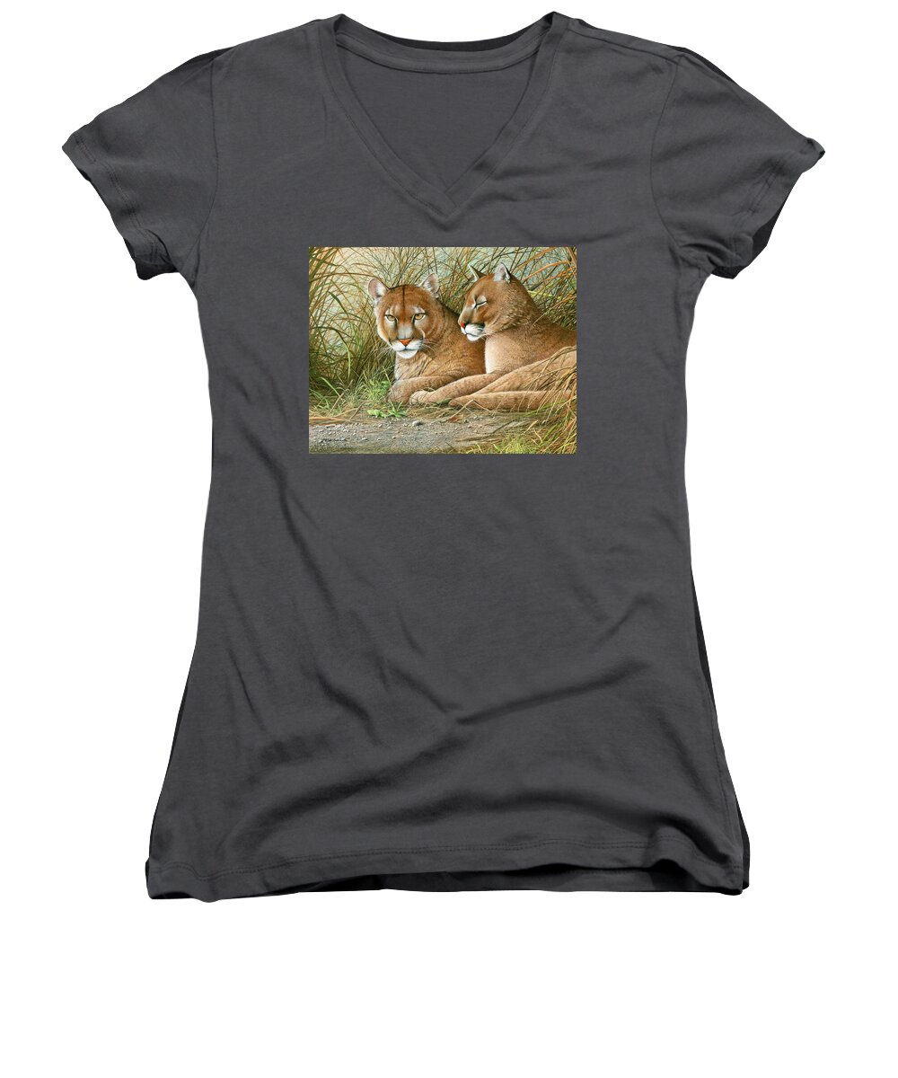 Panther Women's V-Neck featuring the painting Florida Siblings by Mike Brown