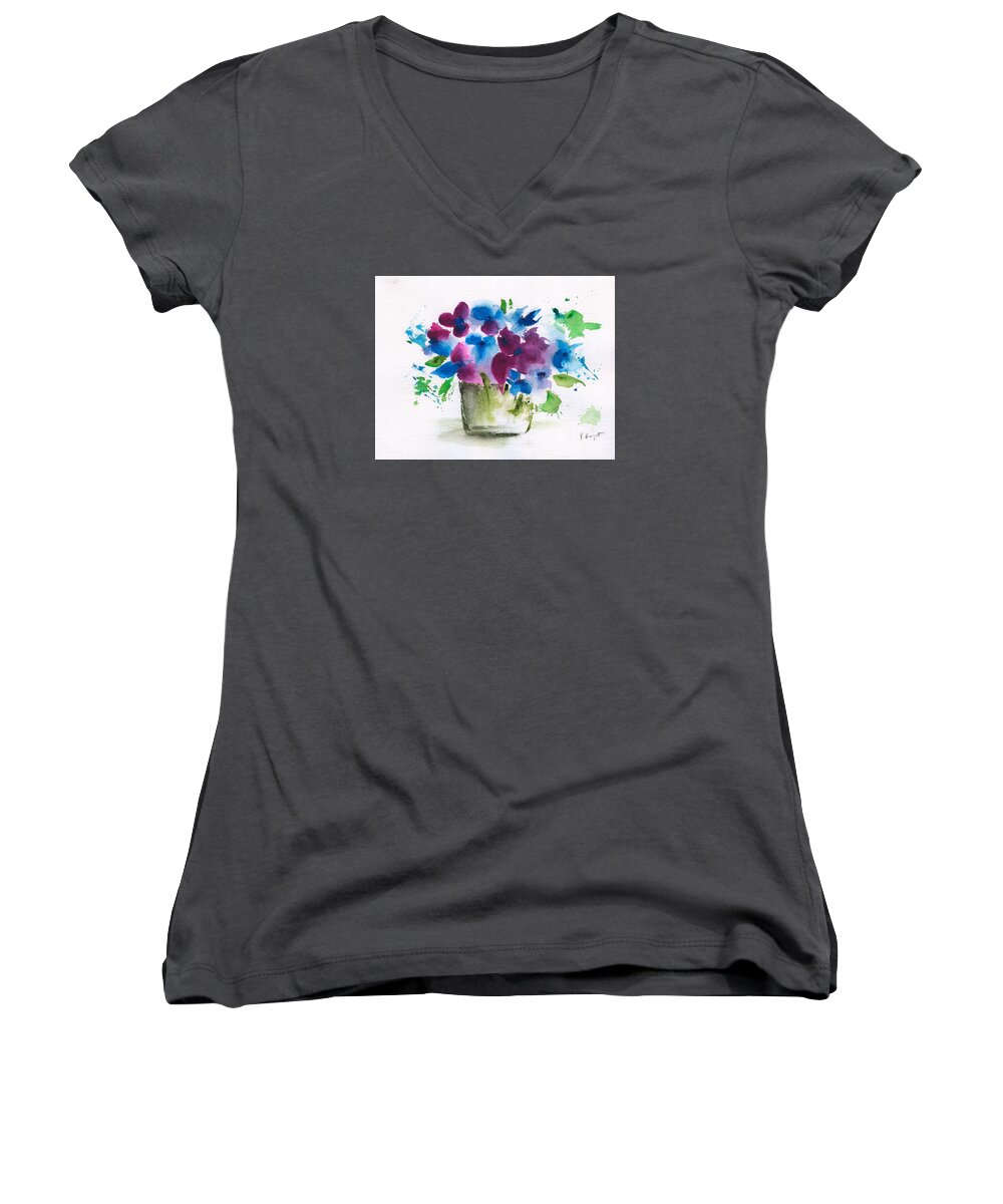 Flowers In A Glass Vase Abstract Women's V-Neck featuring the painting Flowers In A Glass Vase Abstract by Frank Bright