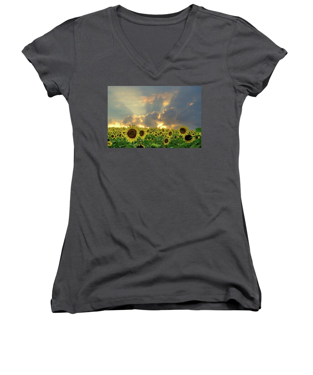 Sunflowers Women's V-Neck featuring the photograph FLOWERS, PILLARS AND RAYS, His Glory will Shine by Janice Adomeit