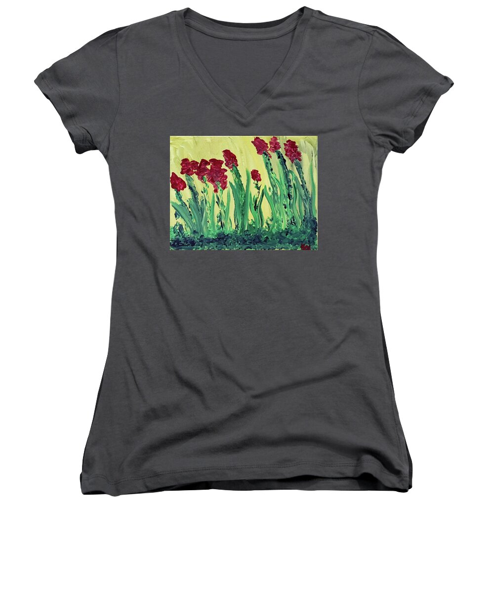 Paintings Women's V-Neck featuring the painting Flowing Flowers by Karen Nicholson