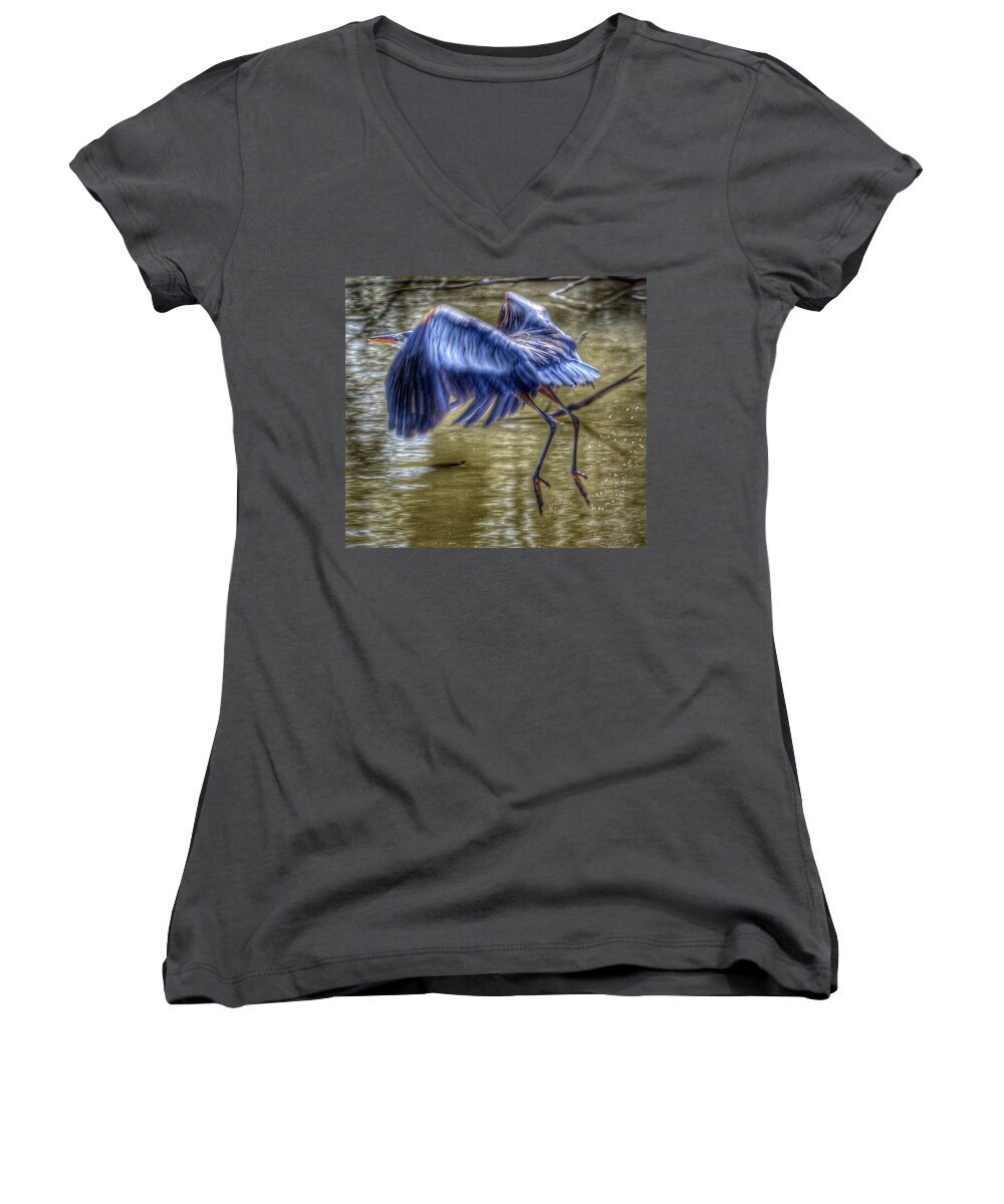 Blue Heron Women's V-Neck featuring the photograph Fly Away by Sumoflam Photography
