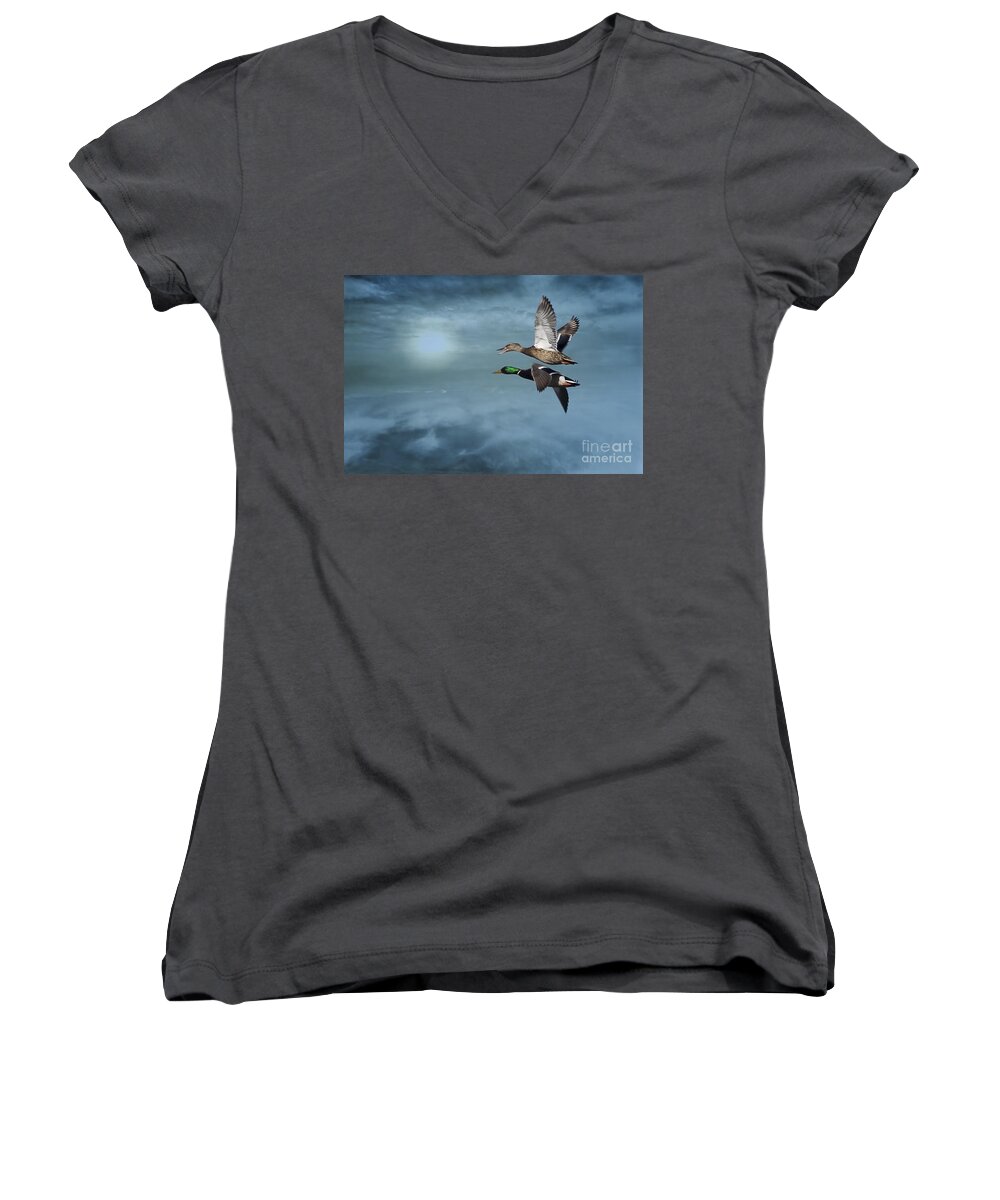 Flying Into The Sunset Women's V-Neck featuring the photograph Flying Into the Sunset by Priscilla Burgers