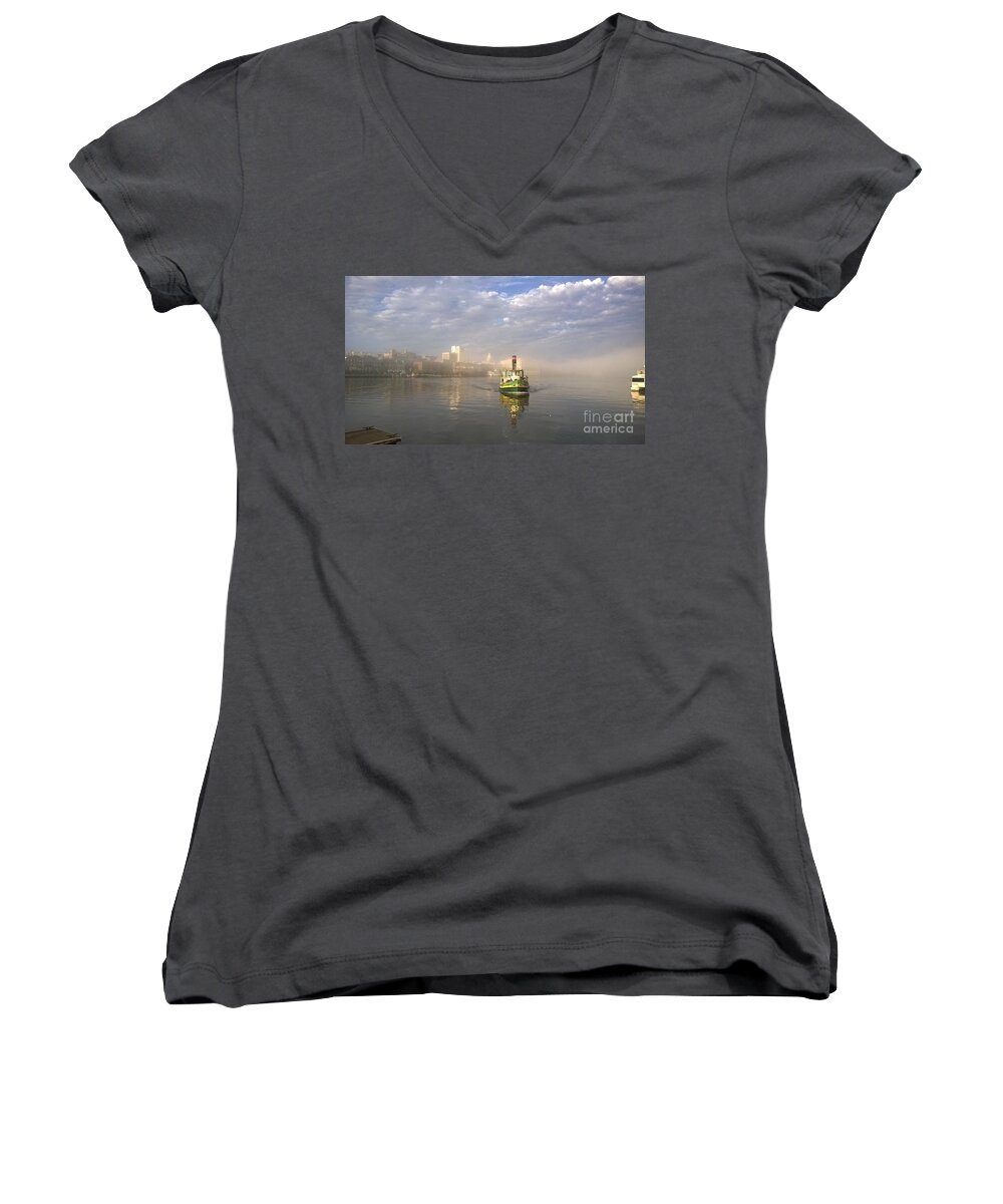 Fog Women's V-Neck featuring the photograph Fog over the river by Agnes Caruso