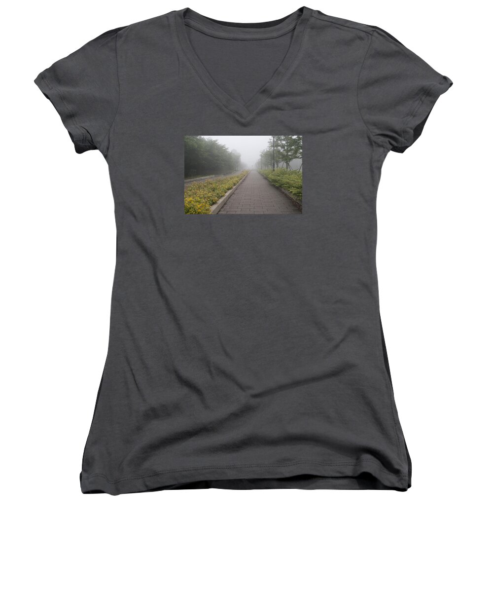 Morning Women's V-Neck featuring the photograph Foggy Pathway by Masami Iida