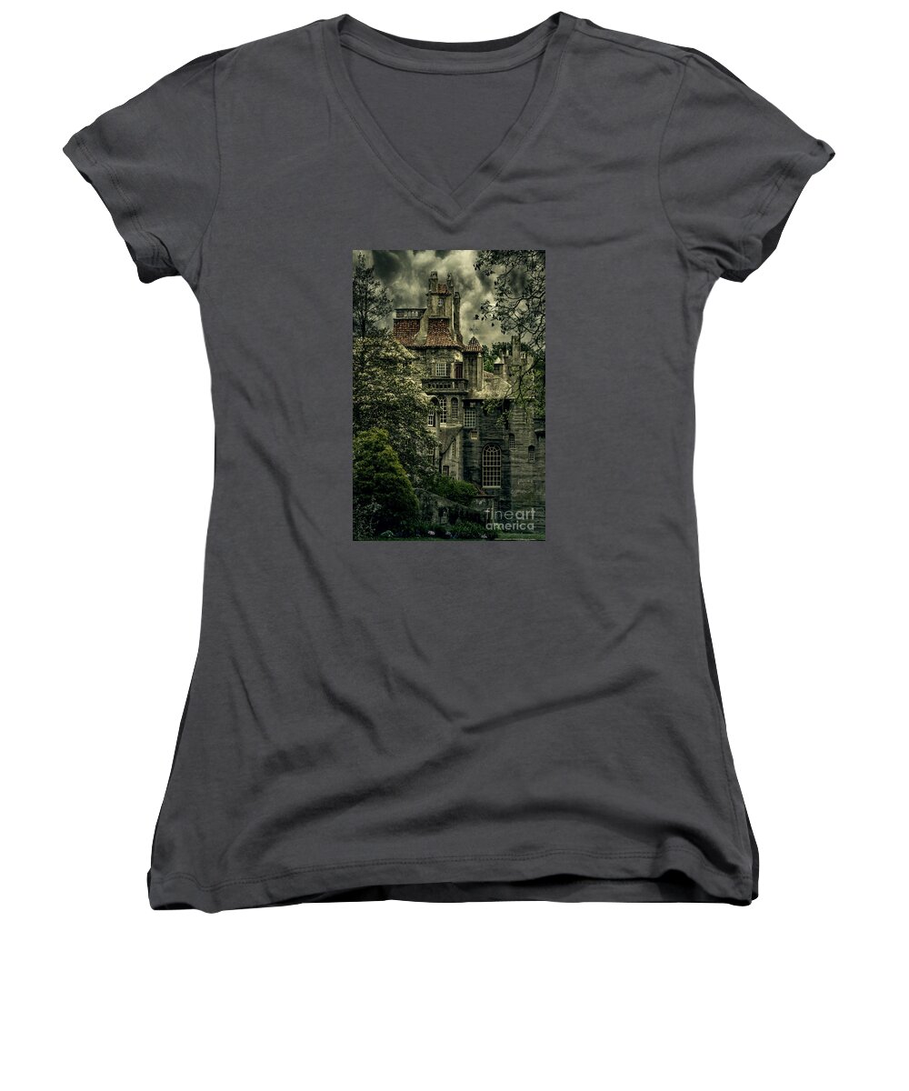 (day Or Daytime) Women's V-Neck featuring the photograph Fonthill with Storm Clouds by Debra Fedchin