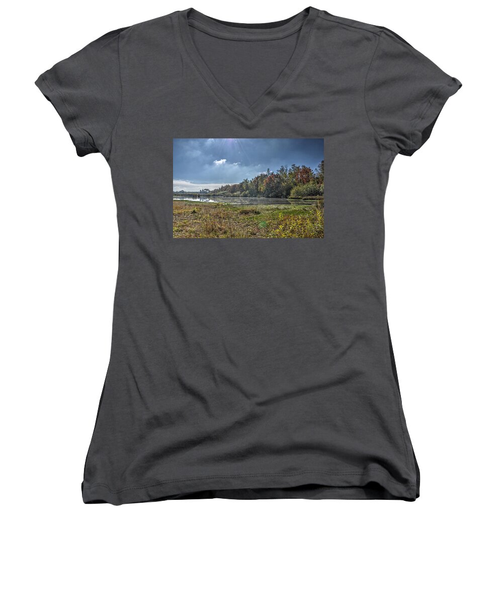 Forest Women's V-Neck featuring the photograph Forest Lake in Autumn by Frans Blok