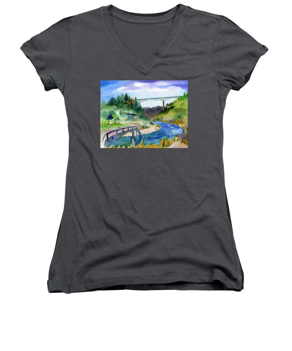 Foresthill Bridge Women's V-Neck featuring the painting Foresthill Bridge #2 by Joan Chlarson