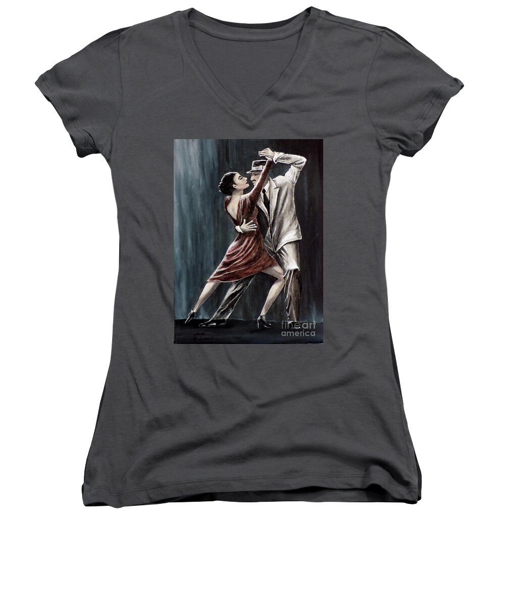 Tango Women's V-Neck featuring the painting Forever Tango by Judy Kirouac