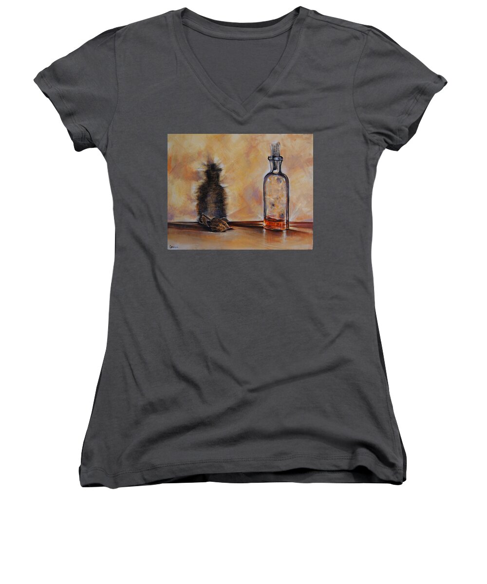Whiskey Bottle Women's V-Neck featuring the painting Forgetting Is So Long by Jean Cormier