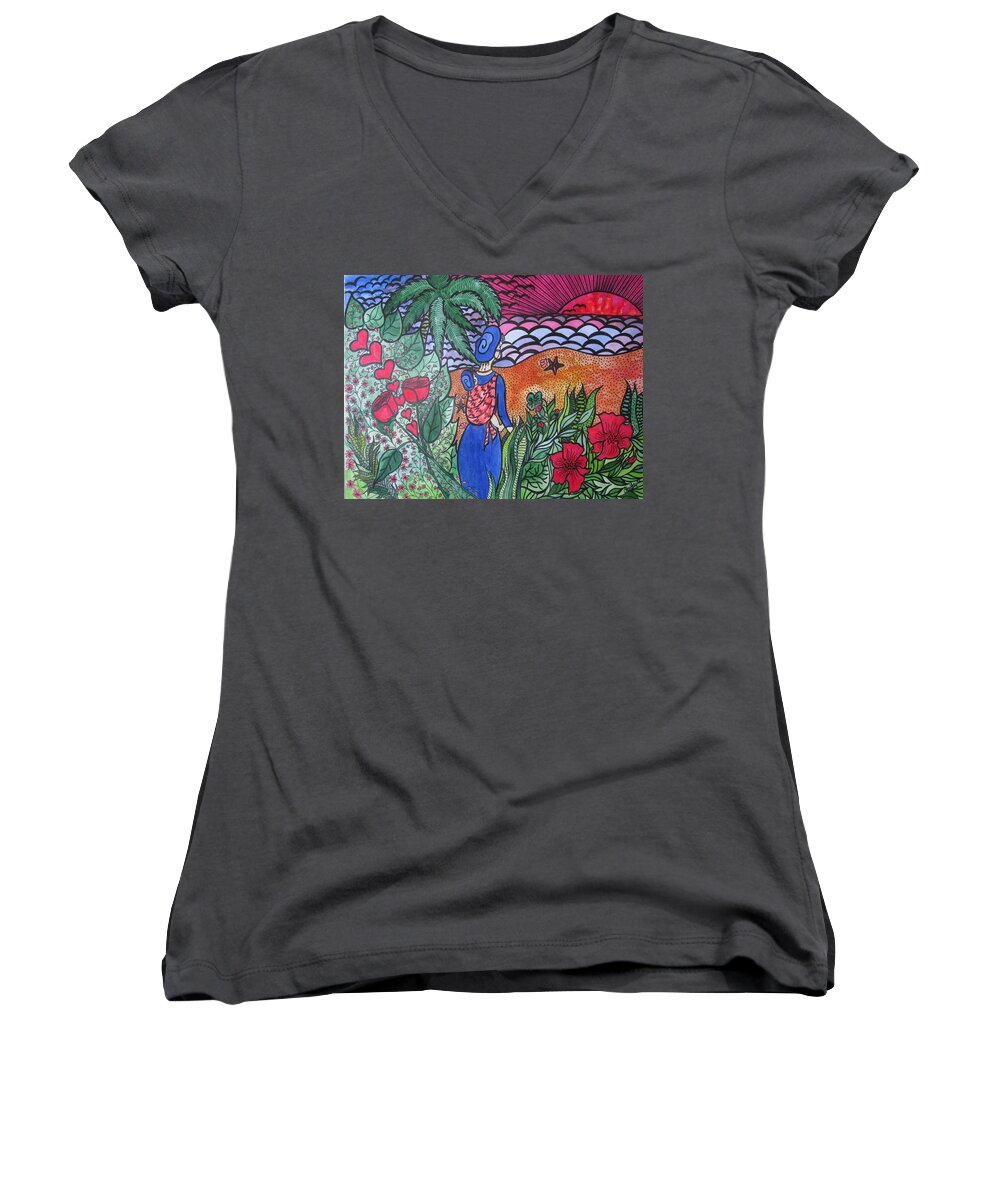 Green Women's V-Neck featuring the painting Fortune ....Happiness by Rosita Larsson