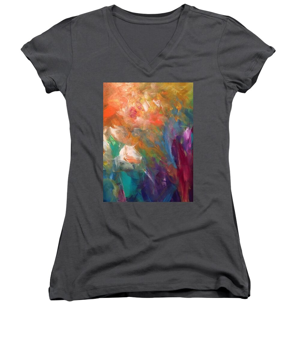 Flowers Floral Garden Contemporary Art Whimsical Fantasy Women's V-Neck featuring the painting Fragrant breeze by Heather Roddy