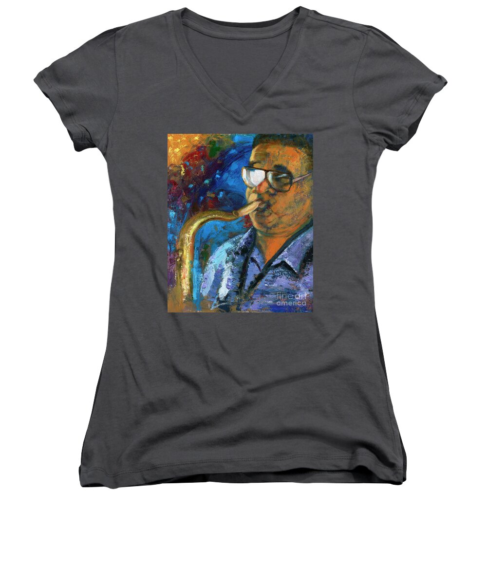 Portrait Women's V-Neck featuring the painting Frankie Scott-Extempore by Marlene Book