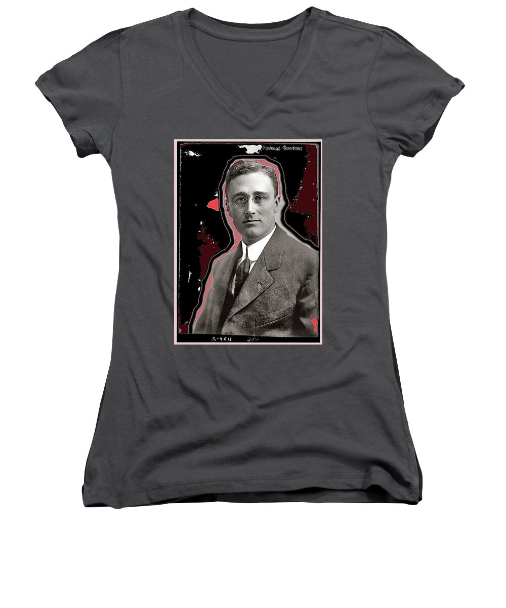 Franklin Roosevelt On February 3 1911 Color And Drawing Added 2015 Women's V-Neck featuring the photograph Franklin Roosevelt on February 3 1911 color and drawing added 2015 by David Lee Guss
