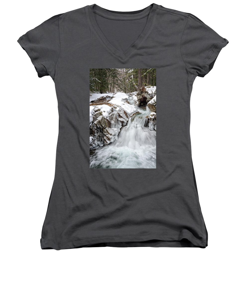 Water Falls Women's V-Neck featuring the photograph Freeze On The Basin Trail NH by Michael Hubley