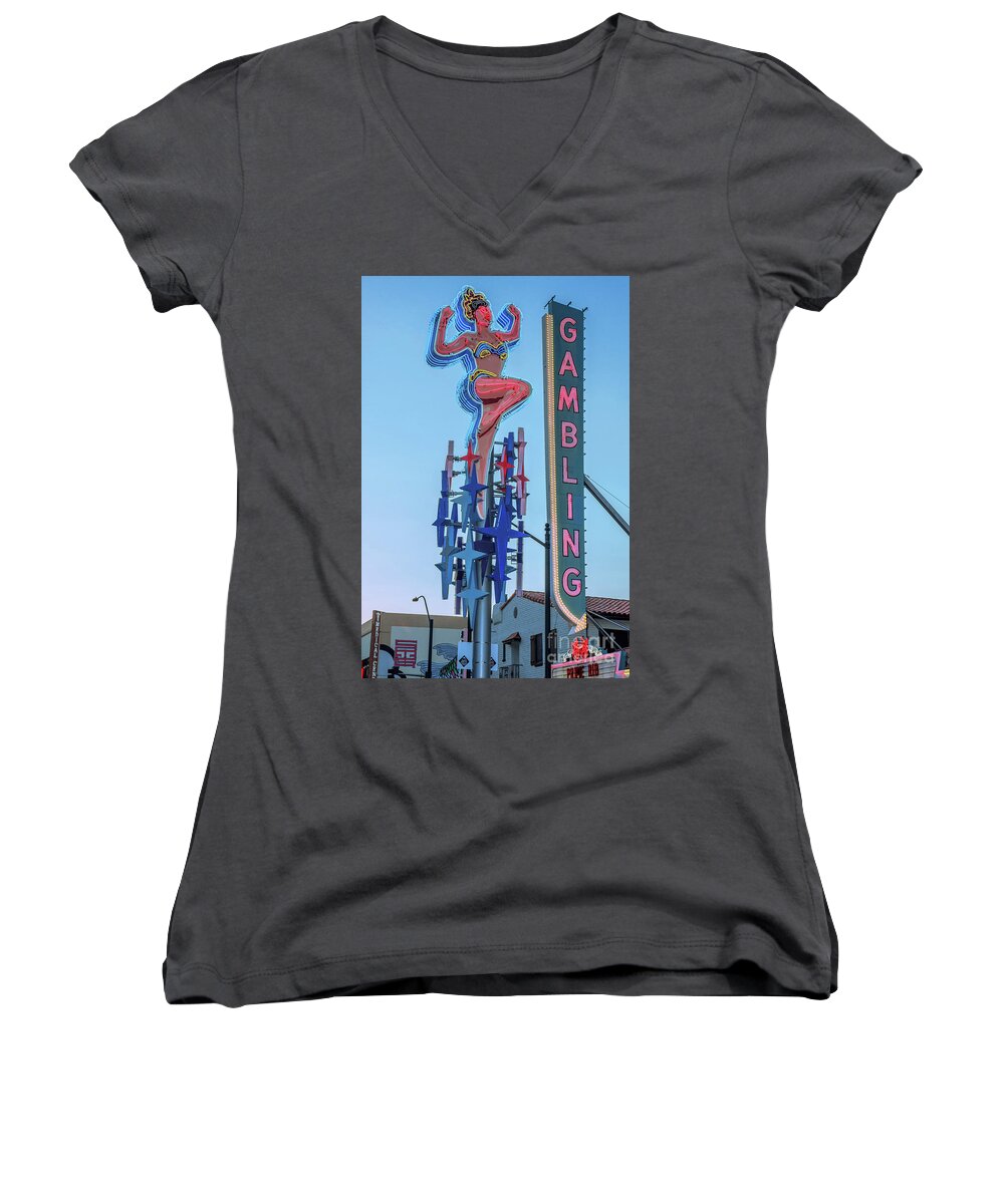 Lucky Lady Women's V-Neck featuring the photograph Fremont Street Lucky Lady and Gambling Neon Signs by Aloha Art