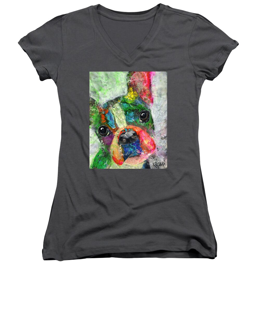 French Bulldog Women's V-Neck featuring the painting Frenchie by Kasha Ritter