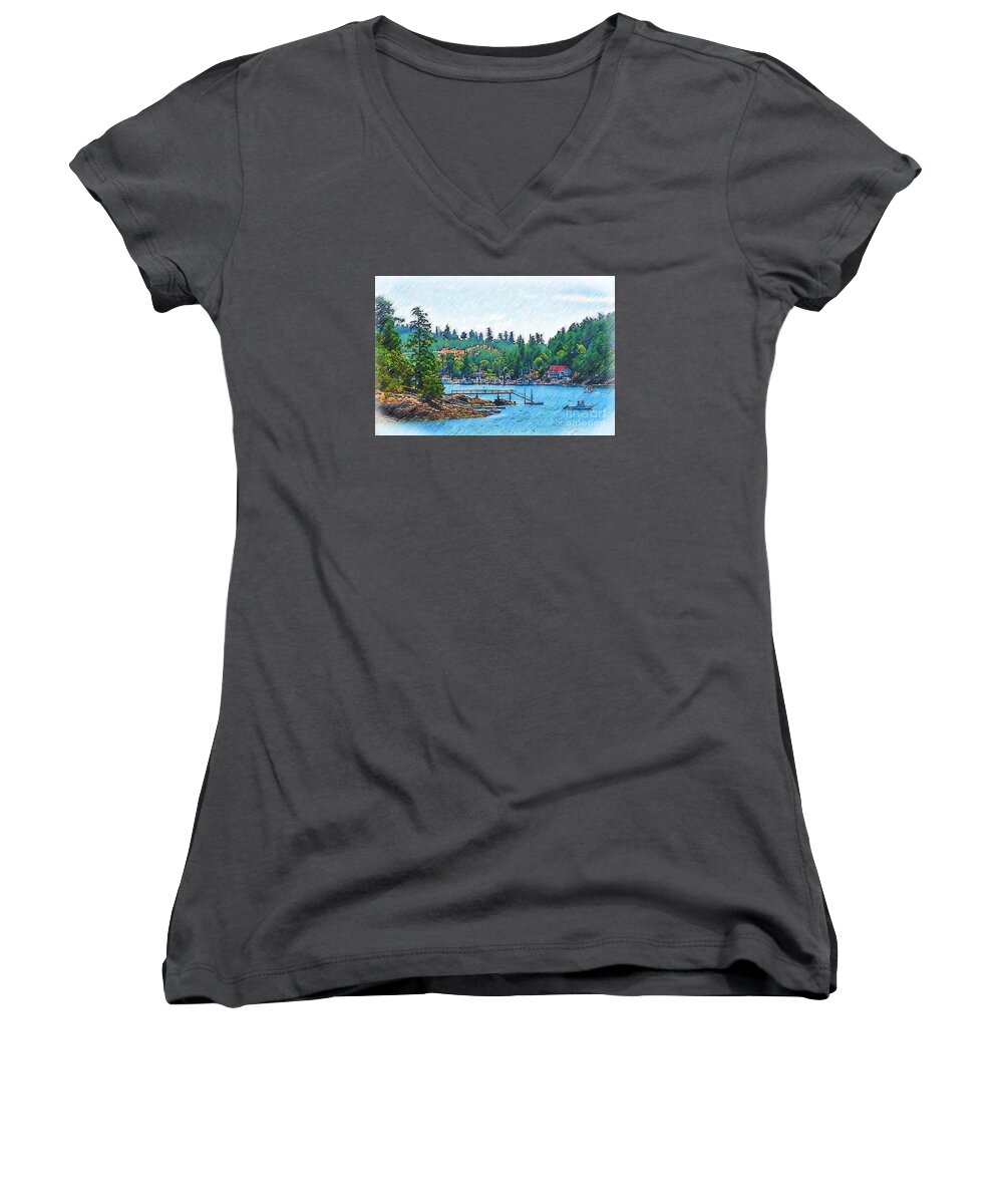 Friday-harbor Women's V-Neck featuring the digital art Friday Harbor Sketched by Kirt Tisdale