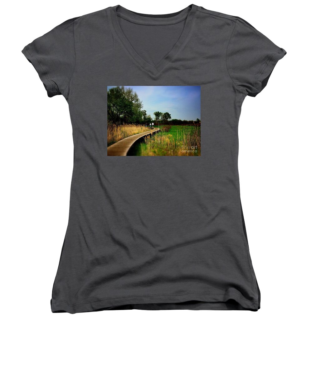 Frank J Casella Women's V-Neck featuring the photograph Friends Walking the Wetlands Trail by Frank J Casella