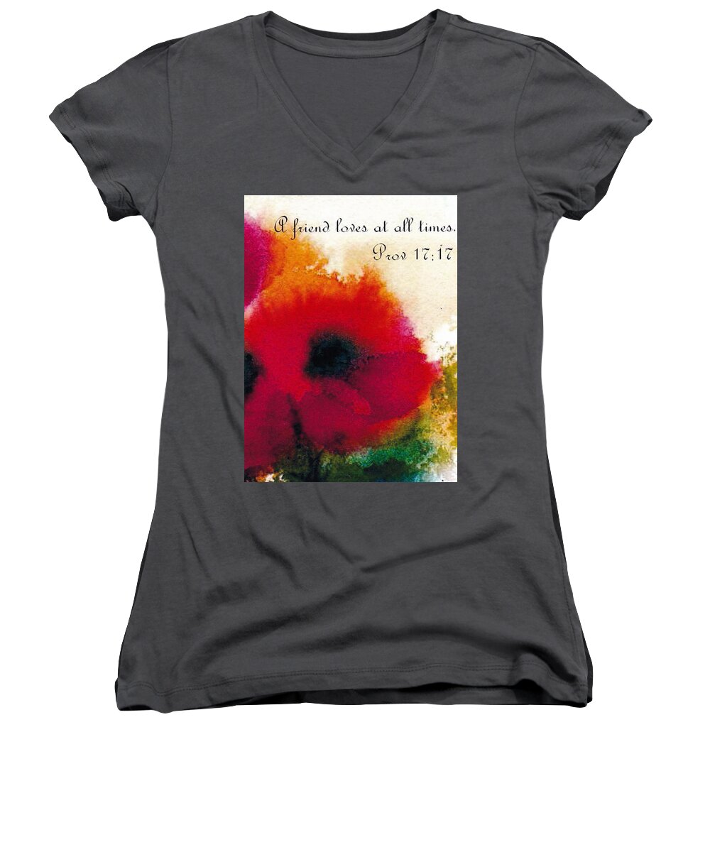 A Friend Loves At All Times Women's V-Neck featuring the painting Friendship by Anne Duke