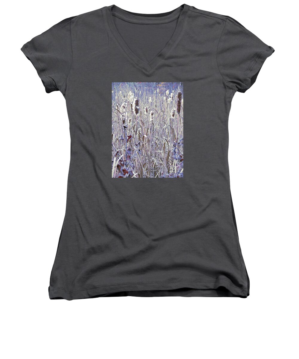 Frosted Cattails In The Morning Light Women's V-Neck featuring the photograph Frosted Cattails In The Morning Light by Joy Nichols