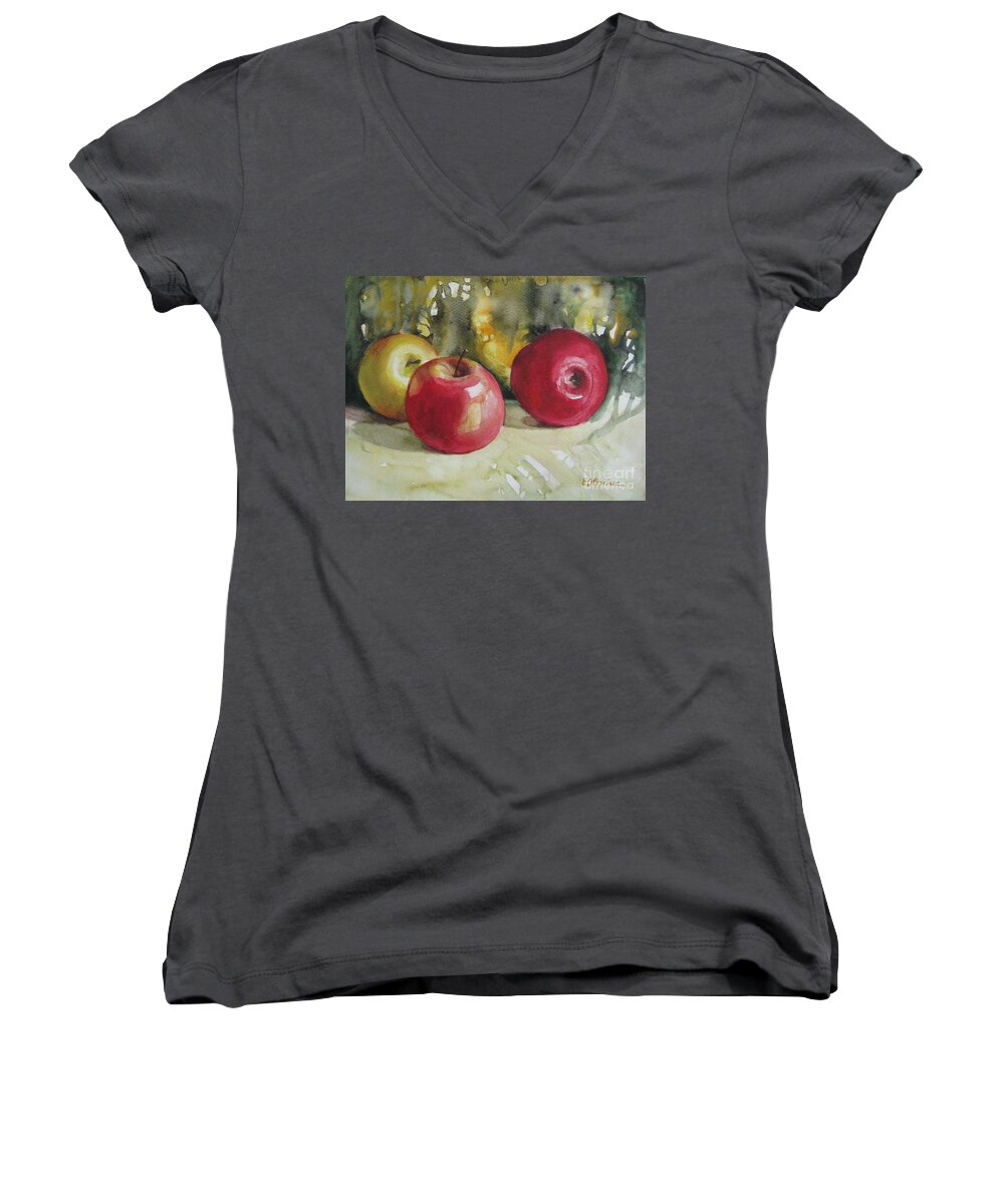 Apples Women's V-Neck featuring the painting Fruits of the earth by Elena Oleniuc