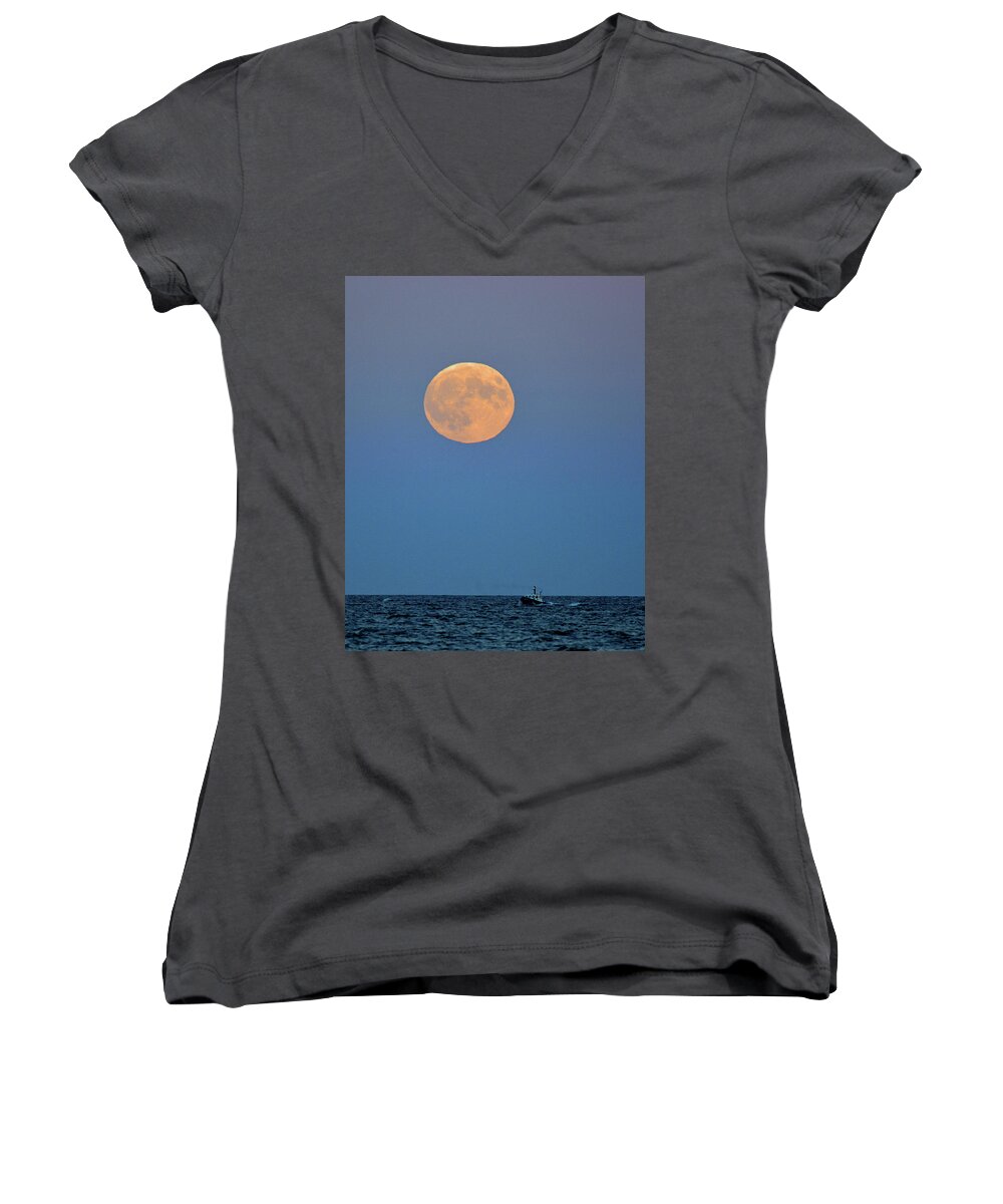 Moon Women's V-Neck featuring the photograph Full Blood Moon by Nancy Landry