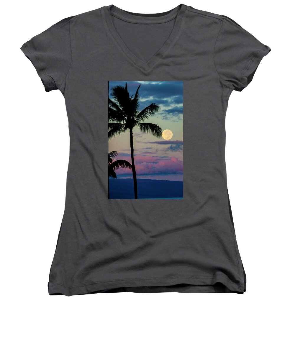 Palm Trees Women's V-Neck featuring the photograph Full Moon and Palm Trees by Anthony Jones