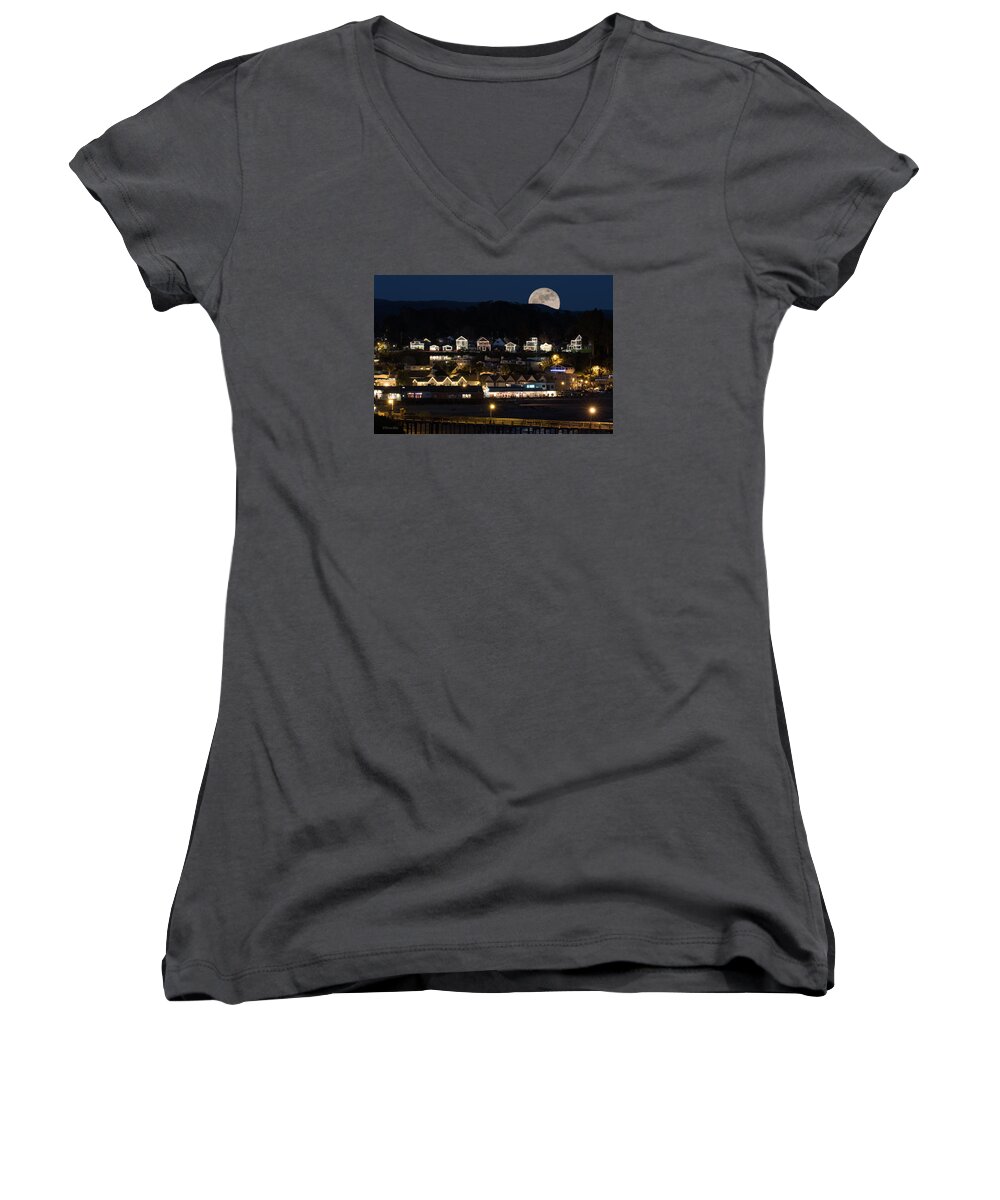 Moon Women's V-Neck featuring the photograph Full Moon over Capitola by Deana Glenz