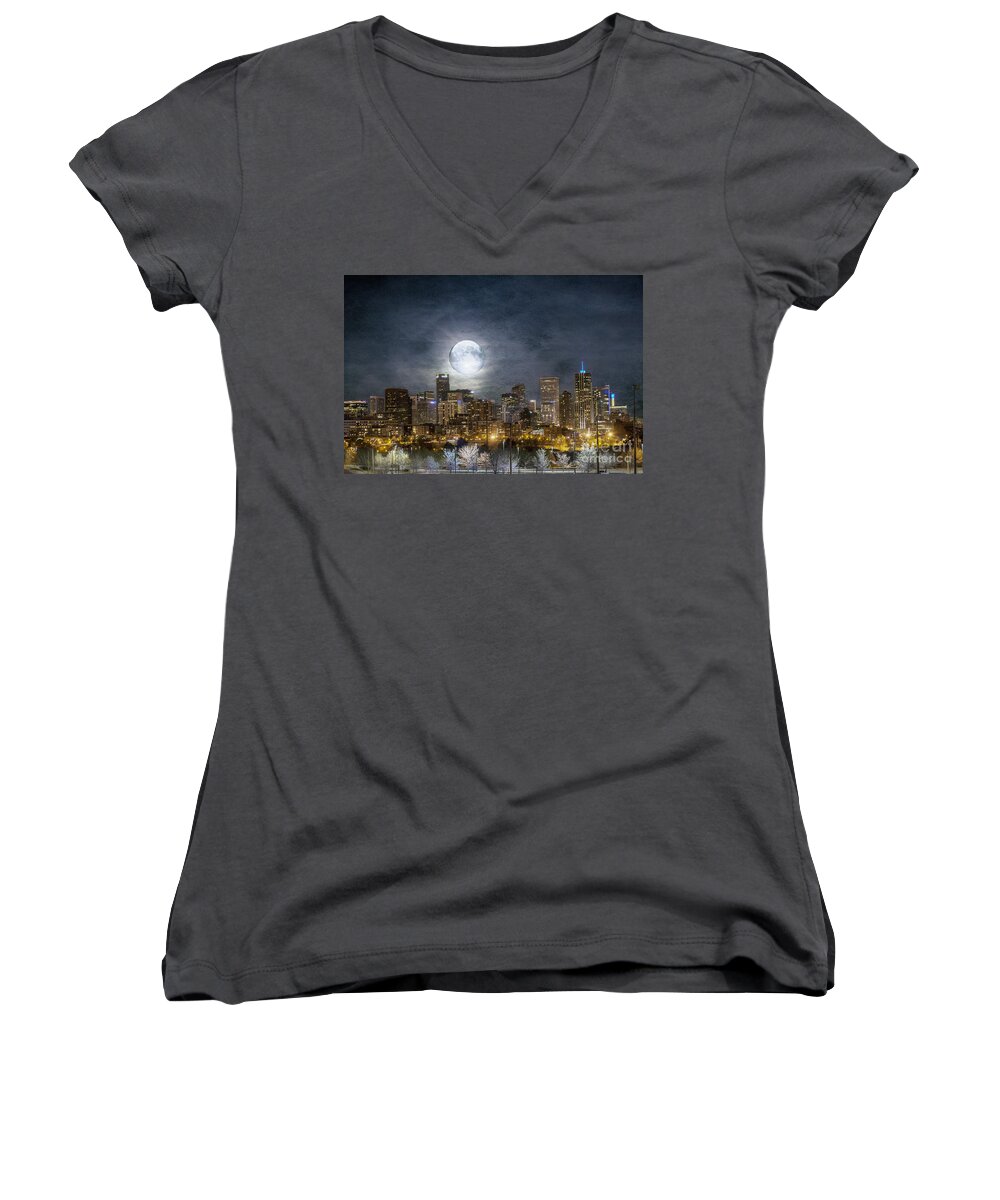 Buildings Women's V-Neck featuring the photograph Full Moon Over Denver by Juli Scalzi