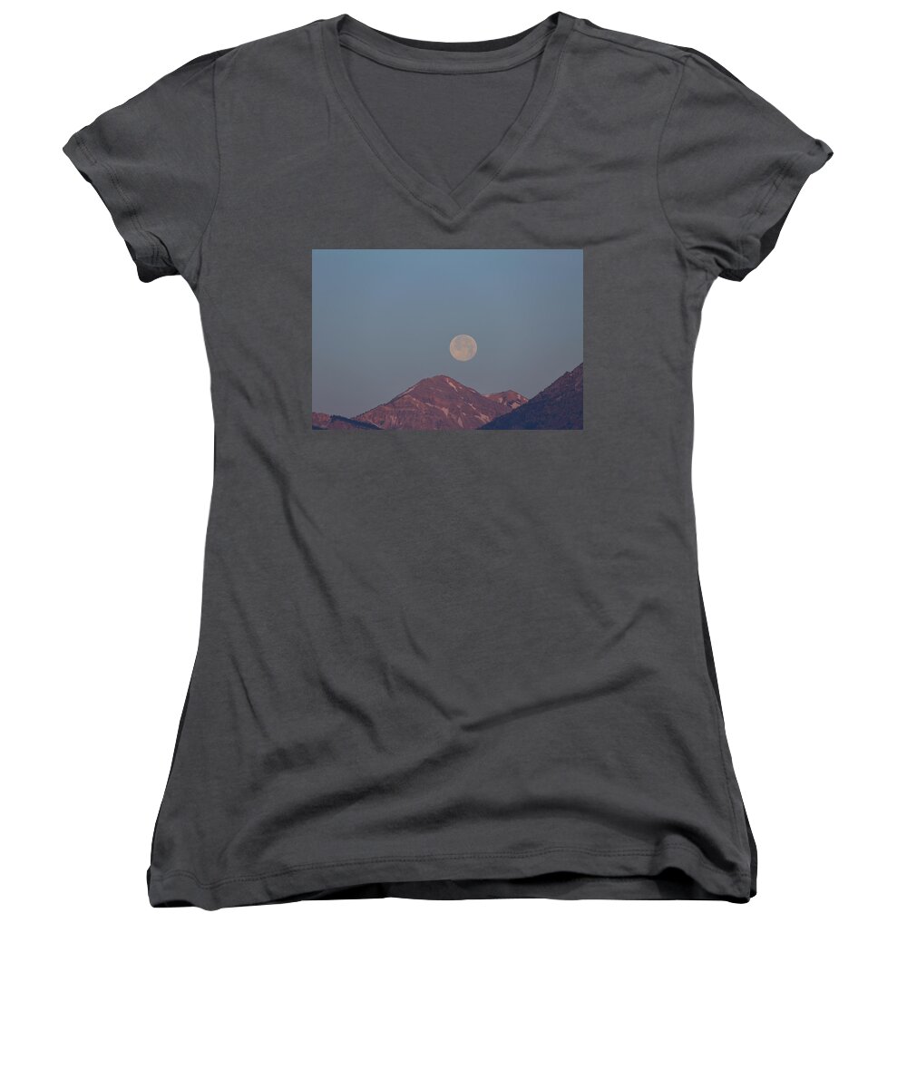 Photosbymch Women's V-Neck featuring the photograph Full Moon over the Tetons by M C Hood