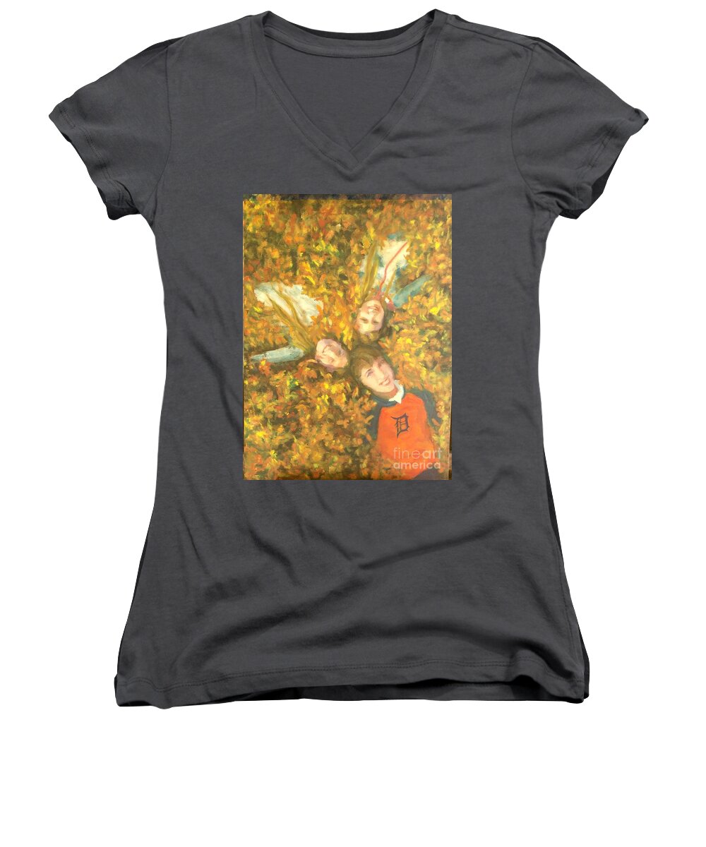 Oil Women's V-Neck featuring the painting Fun In The Leaves by Myrtle Joy