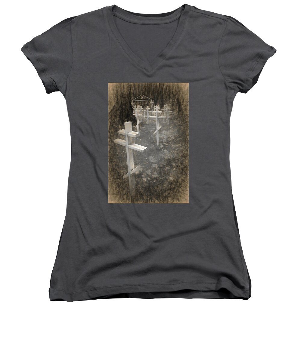 Cemetary Women's V-Neck featuring the photograph Funter Bay Markers by Susan Stephenson