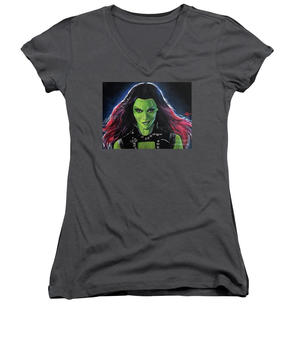 Guardians Of The Galaxy Women's V-Neck featuring the painting Gamora by Tom Carlton