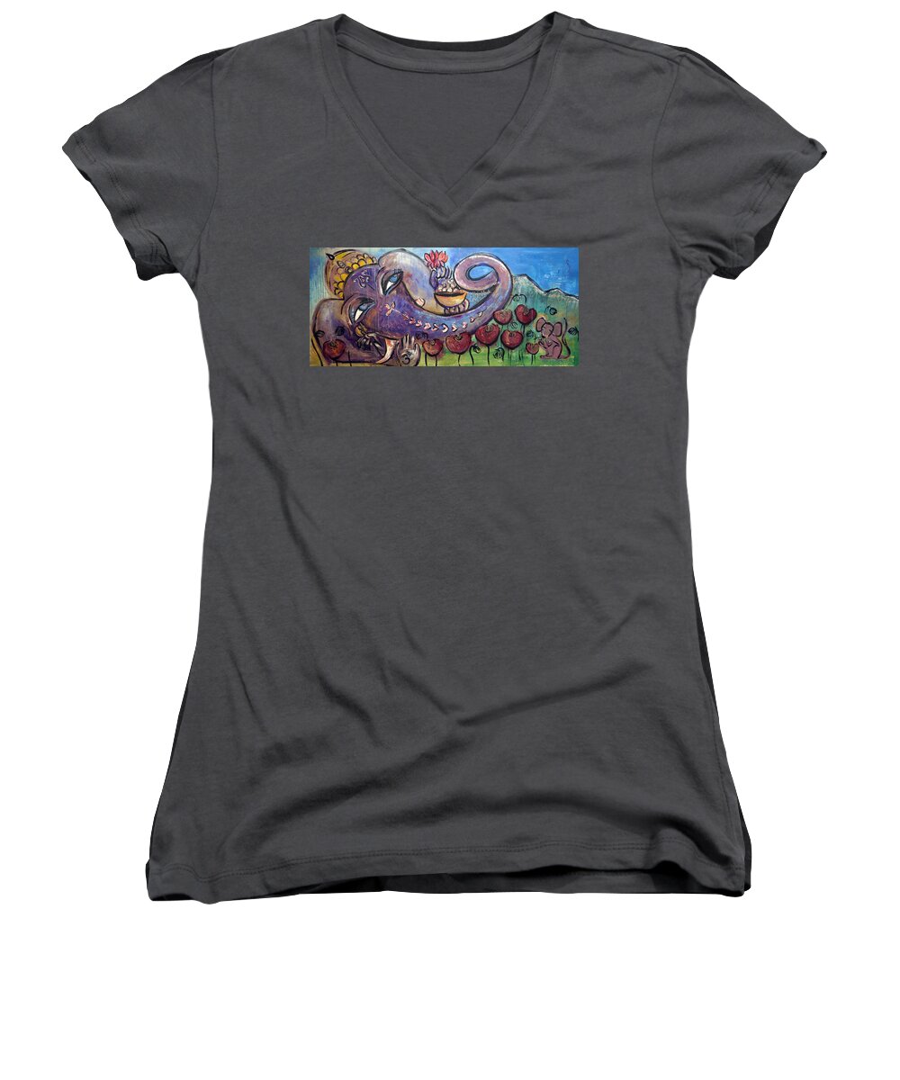 Purple Women's V-Neck featuring the painting Ganesha with Poppies by Laurie Maves ART