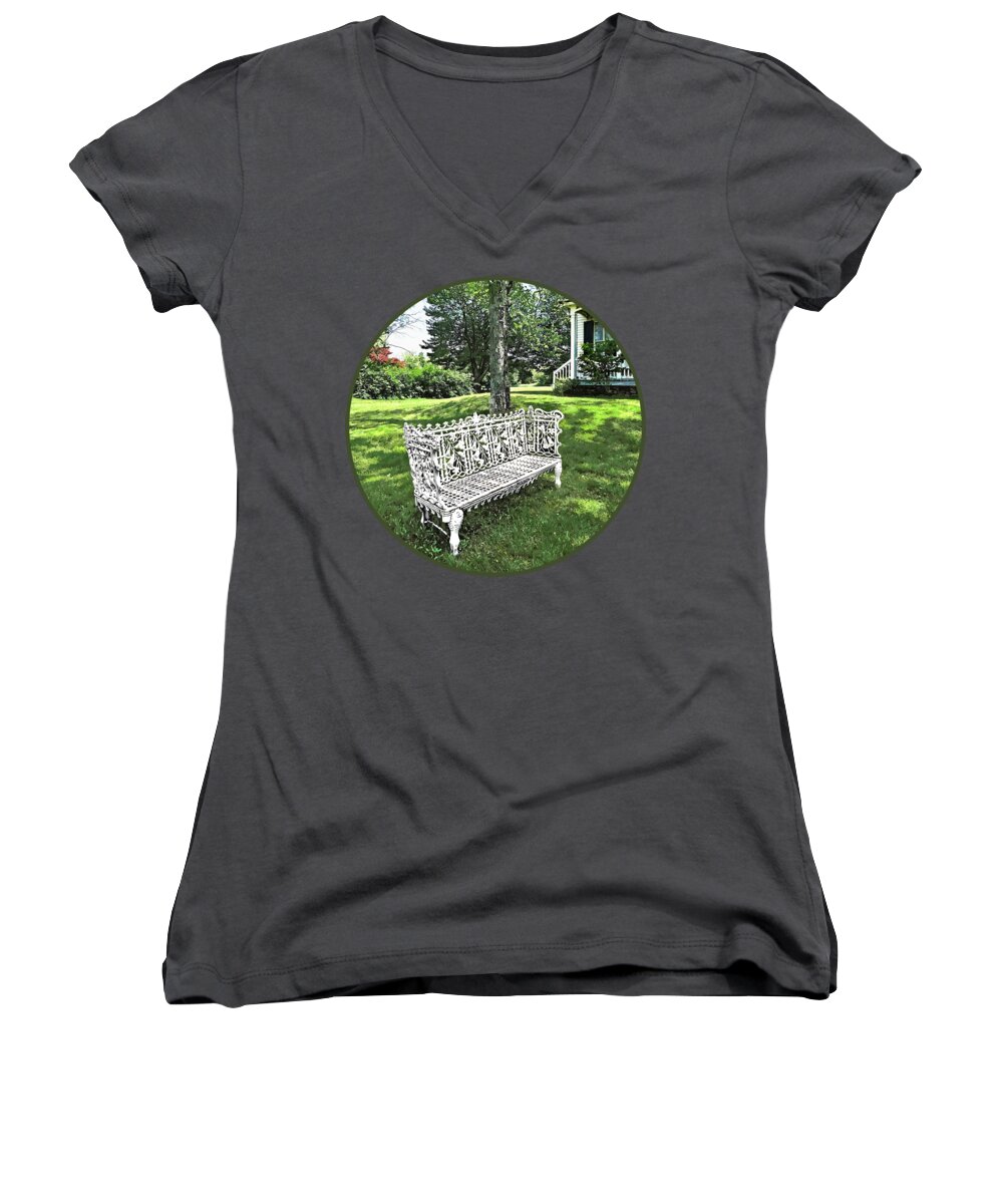 Bench Women's V-Neck featuring the photograph Garden Bench by Susan Savad