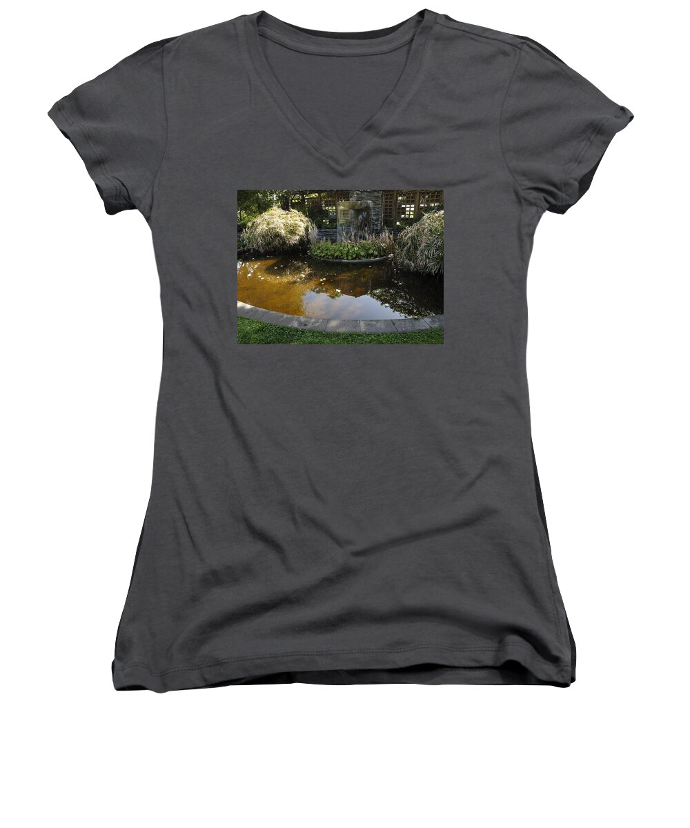 Pond Women's V-Neck featuring the photograph Garden Fountain Pond by Richard Thomas