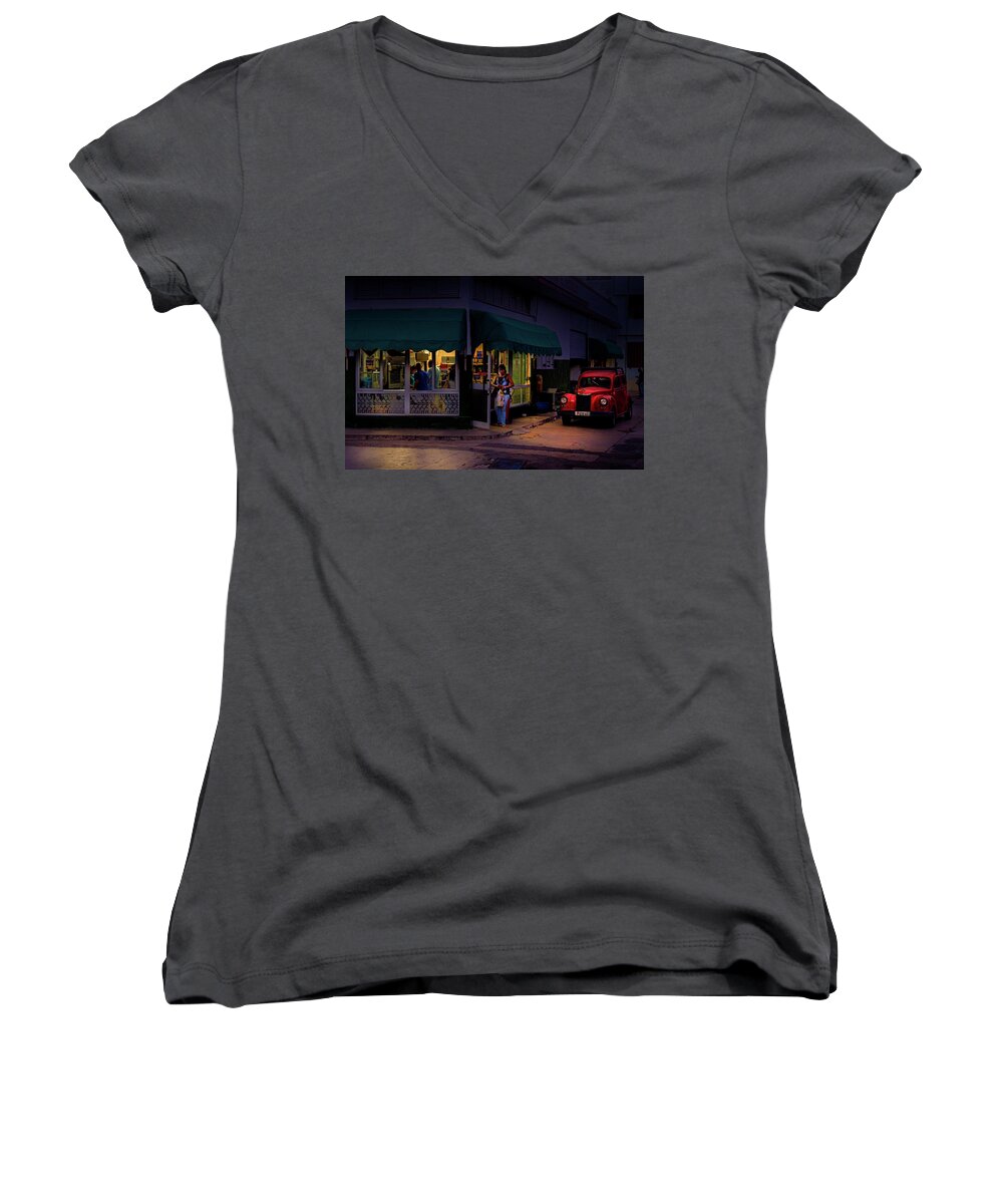 Gasolinera Linea Y Calle E Havana Cuba. Photography By Charles Harden Women's V-Neck featuring the photograph Gasolinera Linea y Calle E Havana Cuba by Charles Harden