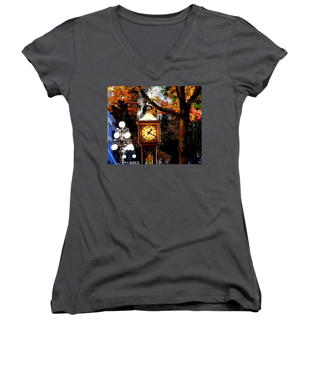 Fall Women's V-Neck featuring the photograph Gastown Steam Clock by Betty-Anne McDonald