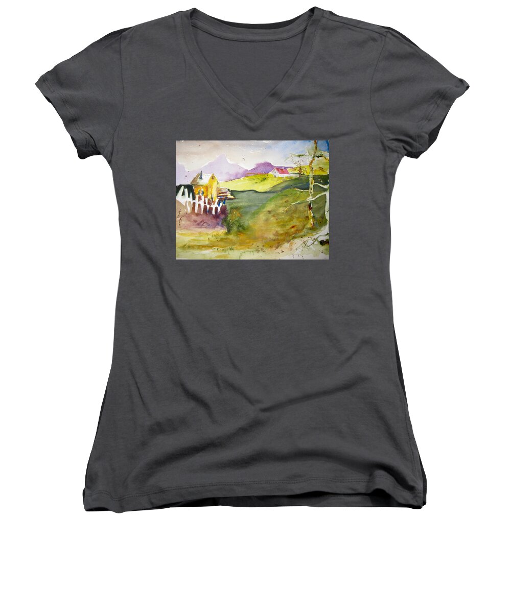 Watercolor Women's V-Neck featuring the painting Gentle landscape by Carole Johnson