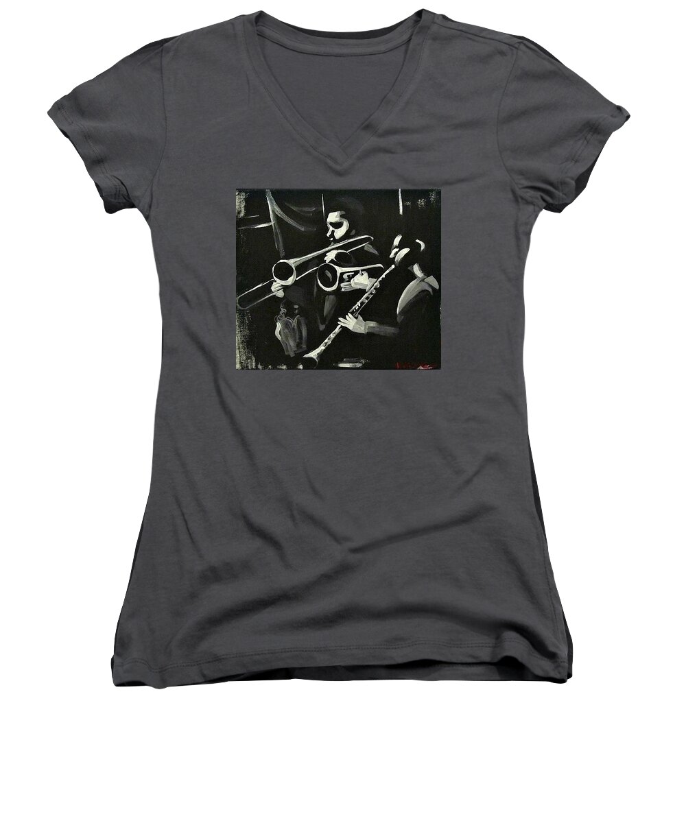 New Oreans Art Women's V-Neck featuring the painting George Lewis Jazz Band Visions by Kerin Beard