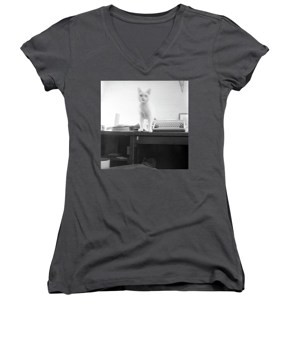 Cat Women's V-Neck featuring the photograph Ghost Cat, with Typewriter by Jeremy Butler